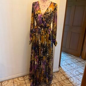 Wrap Maxi Dress in Mustard and Purple Floral-Animal Print